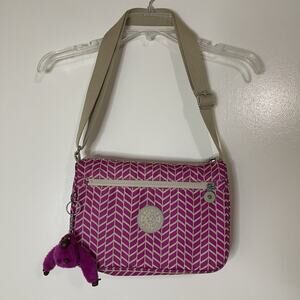 Kipling Purple fuchsia Callie crossbody chevron stripes zip bag with keychain